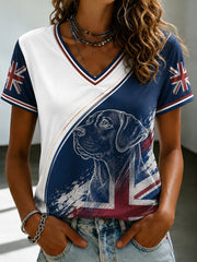 Damen T-Shirt im britischen Stil mit V-Ausschnitt und Print
