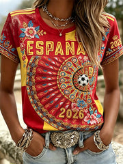 Women's 2026 Spain Team Ethinic Fan Floral Colorblock Print short-sleeved T-shirt