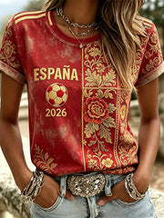 Damen-T-Shirt mit Blumenmuster und Ethno-Print, kurzärmelig, spanische Nationalmannschaft 2026
