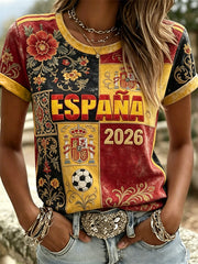 Women's 2026 Spain Team Floral Ethinic Colorblock Print short-sleeved T-shirt