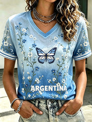 Damen Argentinien 2026 Team & Schmetterling Blumenmuster Leinen Kurzarm T-Shirt