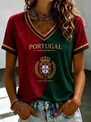 Damen T-Shirt mit V-Ausschnitt, bedruckt, portugiesischer Fußball