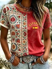 Von der spanischen Fußballnationalmannschaft der Frauen inspiriertes T-Shirt mit traditionellem Musterdruck aus Leinen und kurzen Ärmeln