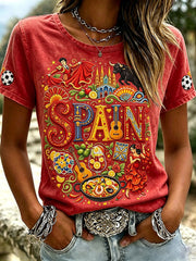 Damen Vintage Spanien Traditionelles Muster Print Leinen Kurzarm-T-Shirt
