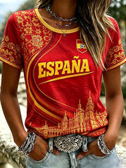 Damen 2026 Spanien Fußballteam Inspiriertes Muster Print Leinen Kurzarm-T-Shirt