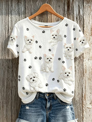 Damen T-Shirt mit Malteserhunden und Pfotenabdruck-Muster, Kurzarm