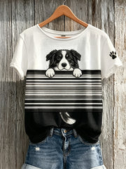 Damen T-Shirt mit kurzem Arm, "Peeking Border Collie Dog & Paw Print Colorblock Print"