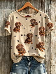 Damen-T-Shirt mit Dackel- und Pfotenabdruckmuster, Kurzarm