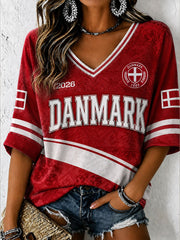 Damen Dänemark Fußball T-Shirt mit halblangen Ärmeln und V-Ausschnitt