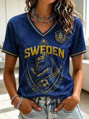 Damen Schweden-Fußball-T-Shirt mit V-Ausschnitt und Print