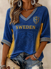 Damen Schweden Fußball bedrucktes T-Shirt mit halblangen Ärmeln und V-Ausschnitt