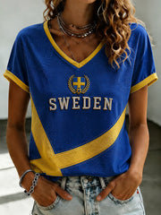 Damen Schweden Fußball bedrucktes V-Ausschnitt T-Shirt