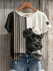 Damen Kurzarm-T-Shirt mit Katze und Hund Pfotenabdruck Farbmix