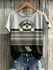 Damen Kurzarm-T-Shirt mit Schnauzer-Hund & Pfotenabdruck im Colorblock-Print