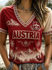 Damen T-Shirt mit V-Ausschnitt, Österreich Fußballmotiv, Casual