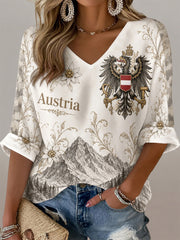 Damen T-Shirt mit österreichischer Edelweißflagge, lässiger V-Ausschnitt