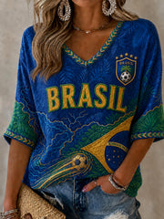 Damen Brasilien Fußballfan Geschenk Halbarm V-Ausschnitt T-Shirt