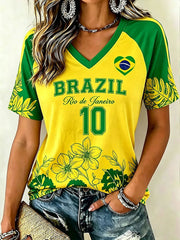 Damen Brasilianischer Fußball-Print Freizeit T-Shirt