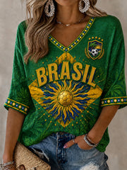 Damen Brasilien Fußball Fan Geschenk Halbarm V-Ausschnitt T-Shirt