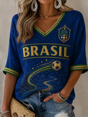 Damen Brasilien Fußball Fan Geschenk Halbarm V-Ausschnitt T-Shirt
