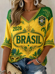 Damen Geschenk Für Fußballfans Bedrucktes Lässiges Halbarm V-Ausschnitt T-Shirt