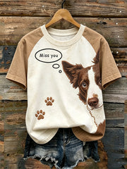 Damen-T-Shirt mit niedlichem Hundemuster, lässig, gewaschen, Kurzarm