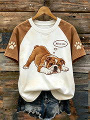 Damen süßes Hunde-Muster bedrucktes lässiges gewaschenes Kurzarm-T-Shirt