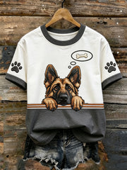 Damen niedliches T-Shirt mit Hundeaufdruck, lässig, ausgewaschen, kurzärmelig