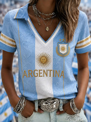 Damen Argentinien Fußball T-Shirt mit V-Ausschnitt
