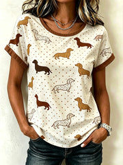 Damen-T-Shirt mit niedlichem Hundeaufdruck, lässig, gewaschen, Kurzarm