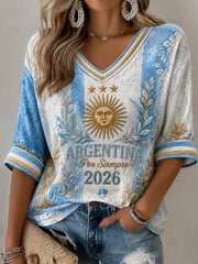 Argentinisches Fußball-T-Shirt für Damen, halblange Ärmel, V-Ausschnitt