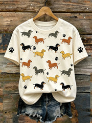 Damen T-Shirt mit süßem Hunde-Print, lässig, gewaschen, Kurzarm