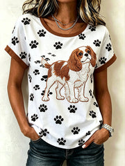Damen süßes Hunde-Muster bedrucktes, lässiges, gewaschenes Kurzarm-T-Shirt