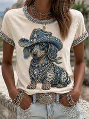 Damen T-Shirt mit Cowboy-Hund-Print, Freizeit
