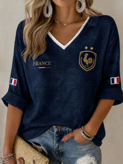Damen Frankreich Fußball T-Shirt mit halblangen Ärmeln und V-Ausschnitt