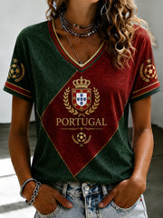 Damen-T-Shirt mit V-Ausschnitt, bedruckt, portugiesischer Fußball
