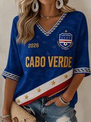 Damen-Geschenk für Fußballfans Bedrucktes lässiges Kurzarm-V-Shirt