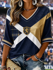 Damen T-Shirt mit V-Ausschnitt, mittellangen Ärmeln und Schottland-Print