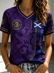 Damen Schottland Bedrucktes V-Ausschnitt Carmen Kurzarm-T-Shirt