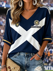 Damen T-Shirt mit V-Ausschnitt, mittellangen Ärmeln und Schottland-Print