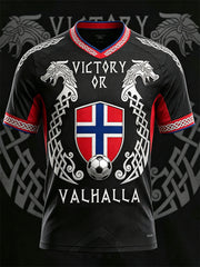 Herren Victory or Valhalla Norwegen Fußball Wikinger-Print Trikot V-Ausschnitt T-Shirt
