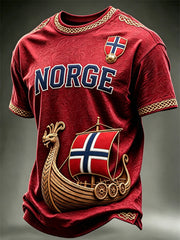 Herren Norwegen Wikingerschiff Norwegen Fußball & Flaggen Kunstdruck kurzärmeliges T-Shirt