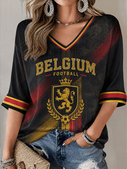 Damen Belgien Fußball T-Shirt mit halblangen Ärmeln und V-Ausschnitt