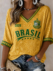 Brasilien Damen Fußball-Fan Geschenk bedruckt Halbarm V-Ausschnitt T-Shirt
