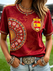 Damen Spanien Fußball & Blumen Fan-Art Print Kurzarm-T-Shirt