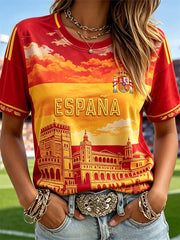 Women's Spain Football & Castle Flag Inspired Sunset Colorblock Print short-sleeved T-shirt