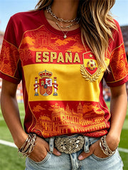 Damen-T-Shirt mit Spanien-Fußball- und Burgflaggen-Farbblock-Print und kurzen Ärmeln