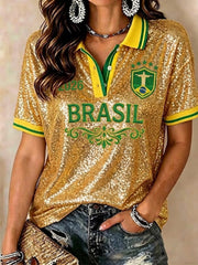 Damen Brasilien Fußball Fan Geschenk Bedrucktes Kurzarm-Oberteil