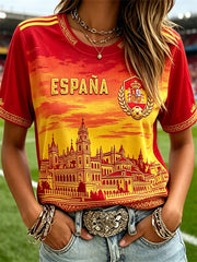 Damen T-Shirt mit Spanien-Fußball- und Burgflaggen-inspiriertem Sonnenuntergangs-Farbverlauf-Print und kurzen Ärmeln