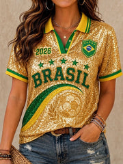 Frauen Brasilien Fußball-Fan Geschenk bedrucktes Kurzarm-Oberteil